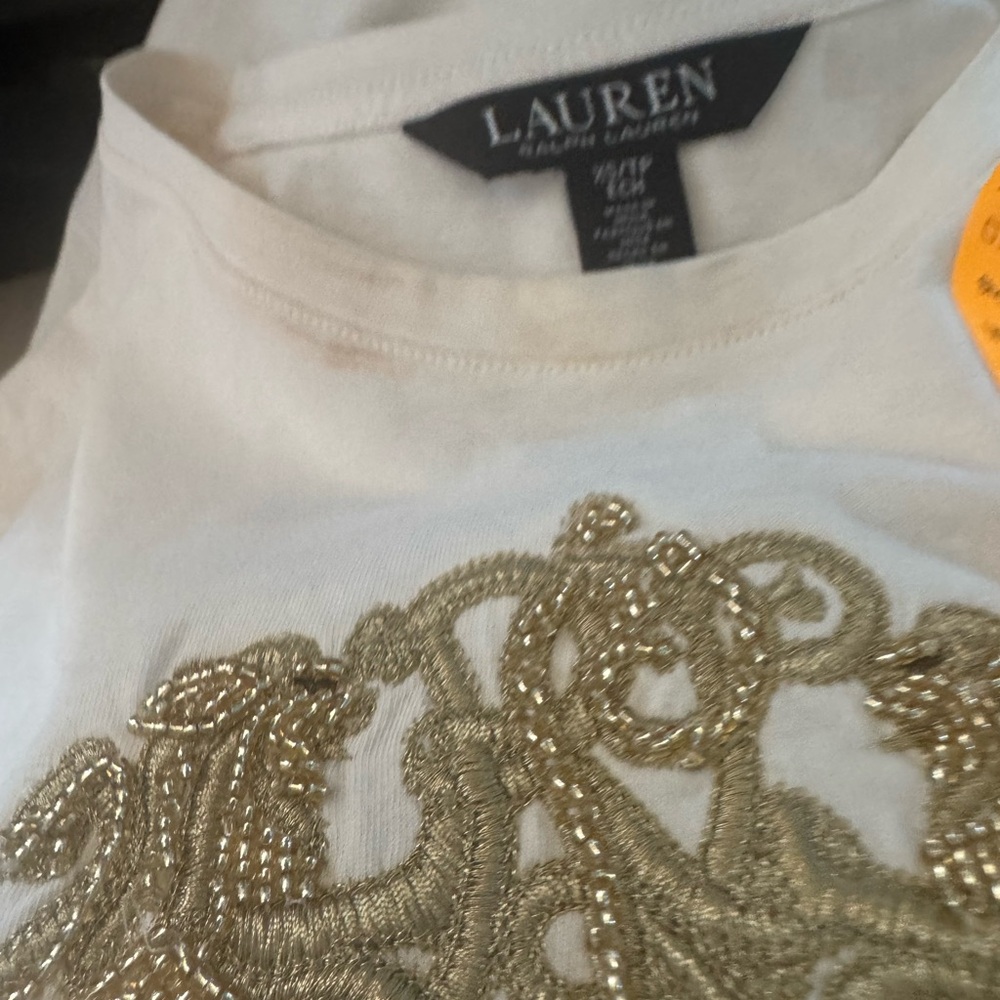 Ralph Lauren Double RL Cream Tee with Gold Detailing